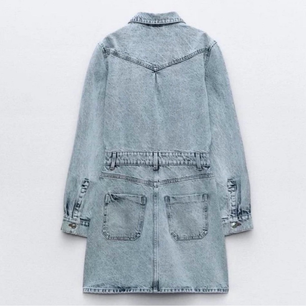 Zara Jeans Denim Long Sleeve Bruiser Stretch Frayed Mini Shirt Dress Sz M - Picture 2 of 11